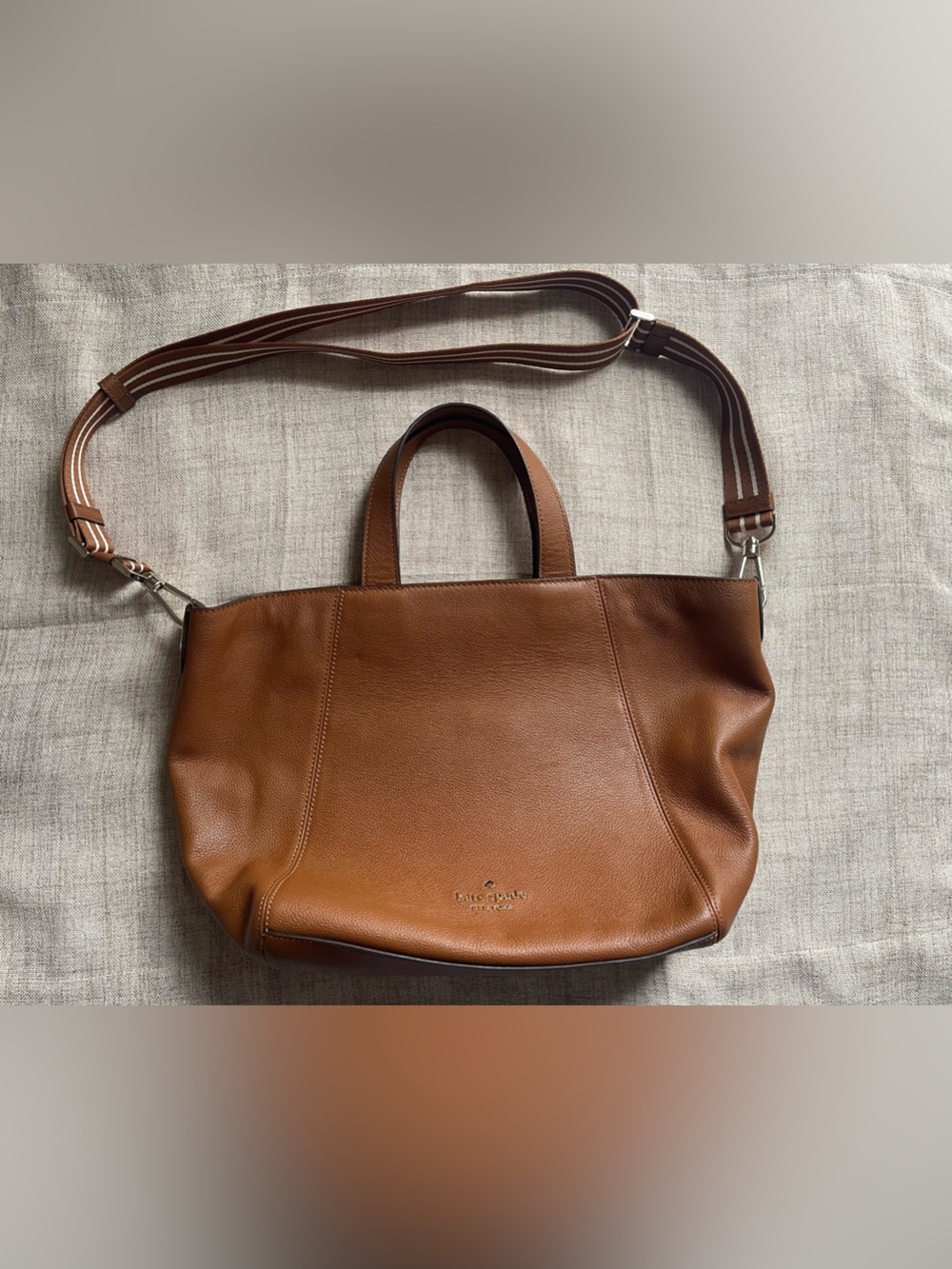kate spade Chestnut Brown Leather Shoulder Tote with Striped Strap